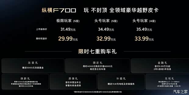 硬核越野皮卡 纵横F700上市 权益价29.99万起 最大涉水深度900mm